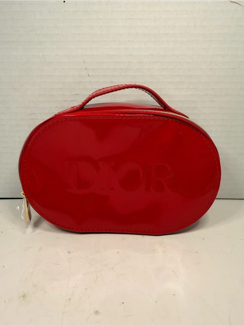 New Dior Beauty Red Patent Oval Cosmetic Toiletry Pouch with Handle